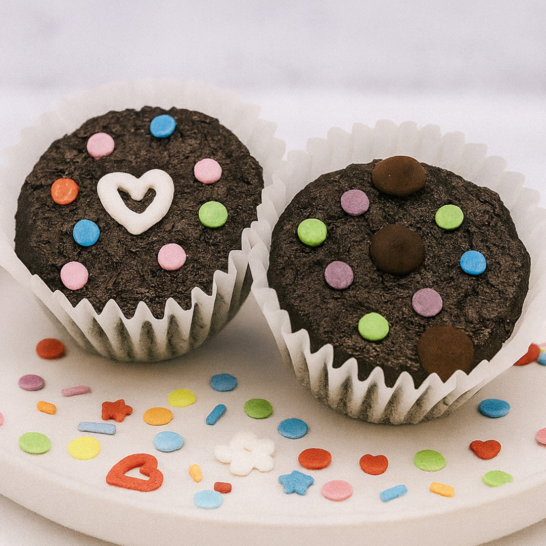 Two chocolate cupcakes with colorful sprinkles on a white plate. sweet grub cosmic brownie