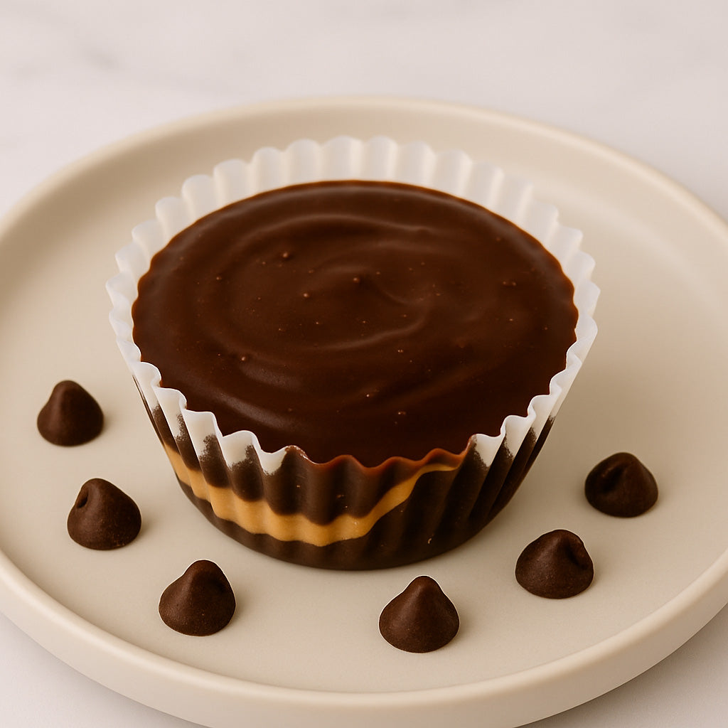 Chocolate cupcake with peanut butter filling on a white plate surrounded by chocolate chips.