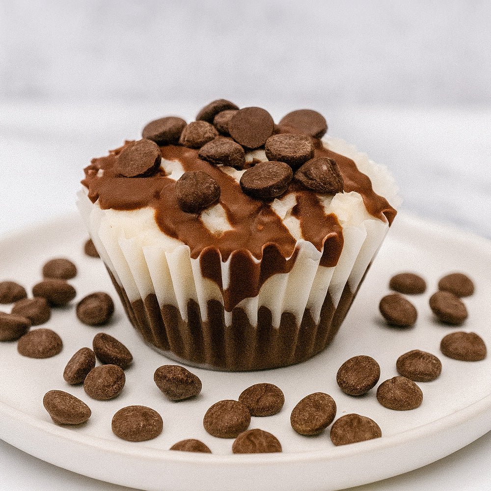 Chocolate cupcake with white frosting on a white plate surrounded by chocolate chips. Sweetgrub Saint Petersburg 